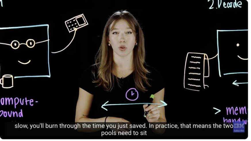 IBM Technology presenter Grace Ableidinger illustrating prefill and decode as separate stages on a lightboard